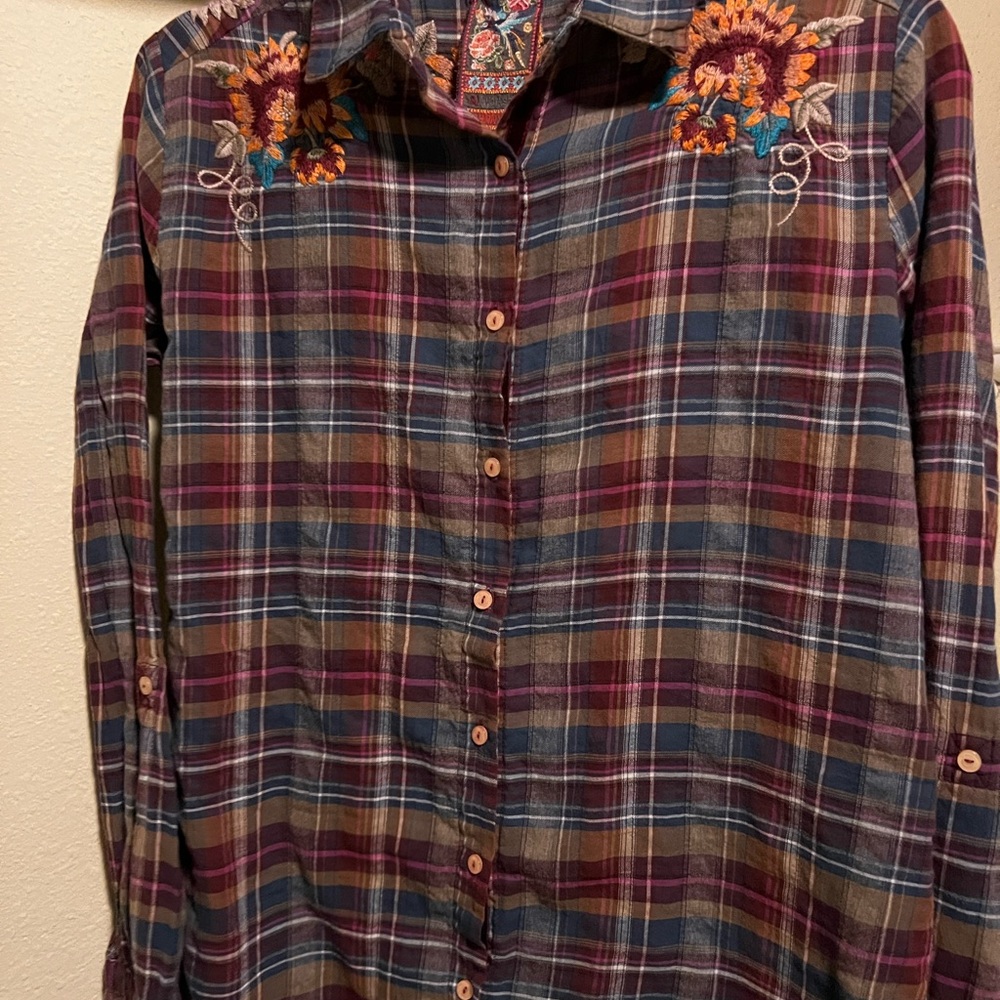 Johnny Was Multicolor Plaid Shirt with Embroidery